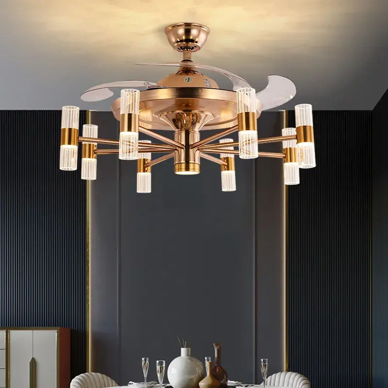Large Chandelier Candle LED Decoration HC901 Noiseless DC Motor Livingroom Retractable Ceiling Fans with Lights