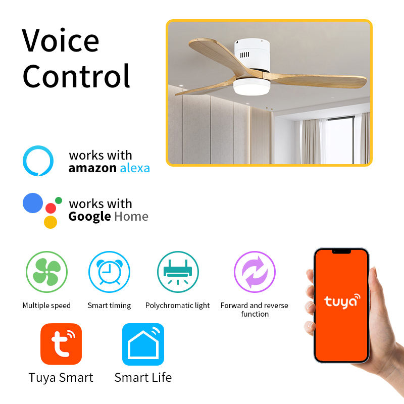 Lamp HC539 42” Inch 52” solidwood 3 Blades Reversible Six Speed Tuya Smart fan ceiling light chandelier