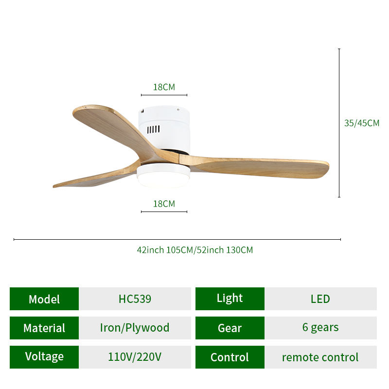 Lamp HC539 42” Inch 52” solidwood 3 Blades Reversible Six Speed Tuya Smart fan ceiling light chandelier