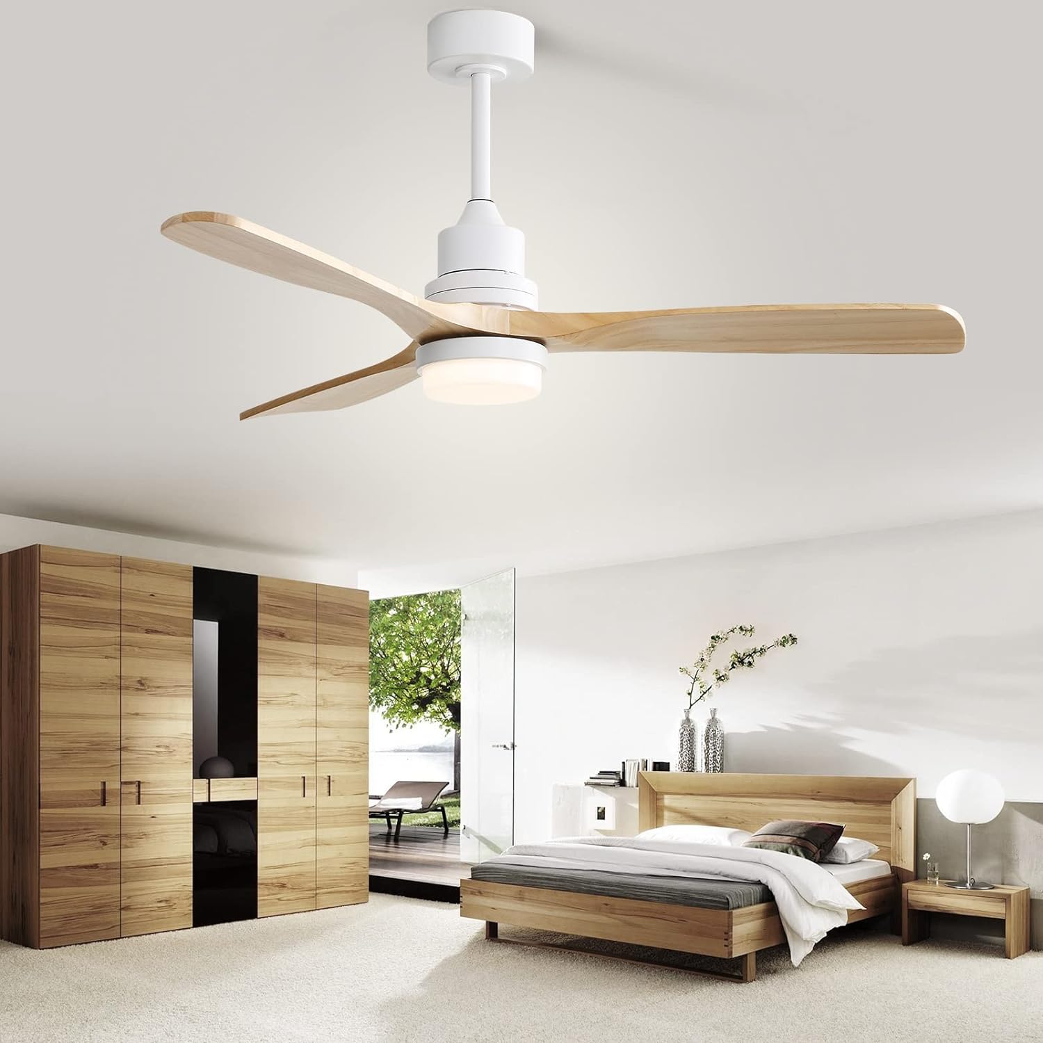 52 “Ceiling Fan with light Modern wooden ceiling fan Remote Control Dimmable LED Light 3 blade reversible DC motor for Farmhouse bedroom Living Room Terrace with Cover (Burlywood)