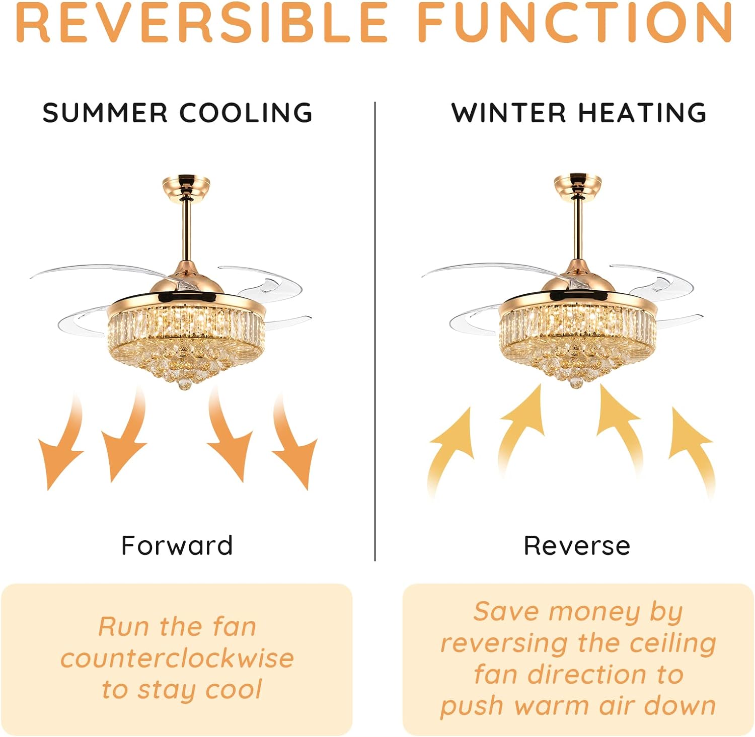 48-inch crystal ceiling fan with lights and remote control Modern dimmer chandelier Invisible retractable chandelier fan Gold bedroom living room