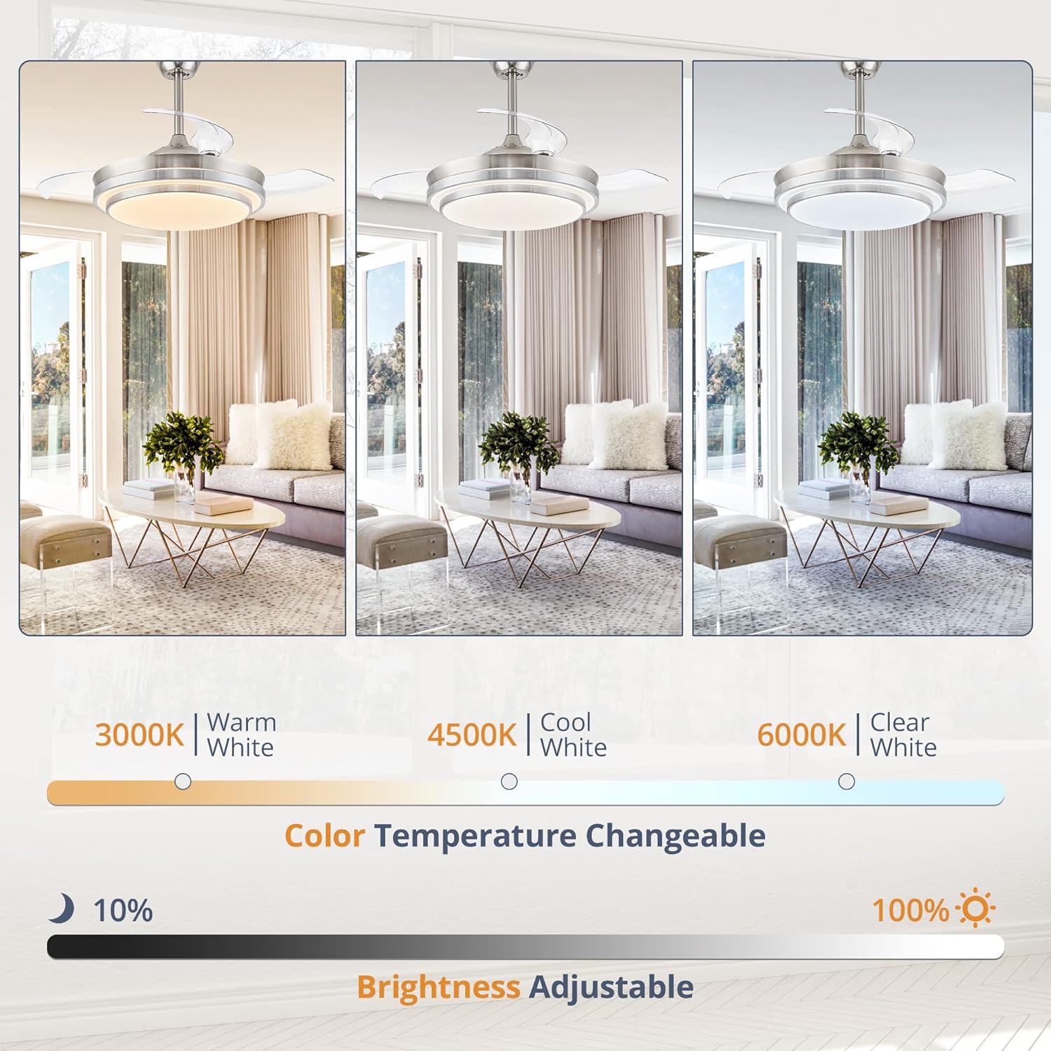 Retractable ceiling fan with light and remote control,42 inch (approx. 106.6 cm) bladeless ceiling fan with LED lighting, smart modern ceiling fan, stepless color change, dimmable, timer setting – brushed nickel