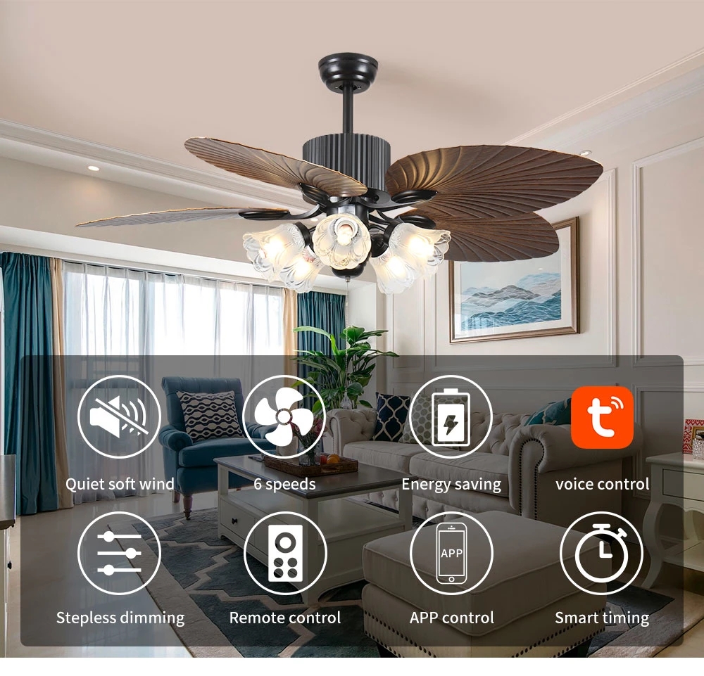 Indoor Outdoor Living Room 52inch Change Dimmable Ceiling Fan Light